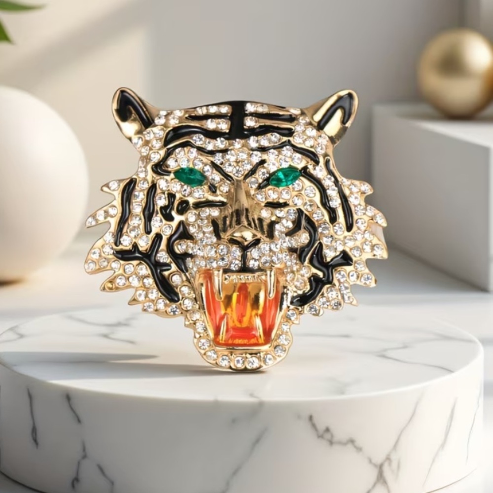 Gold and Black Tiger Brooch with Rhinestones New In Packaging
